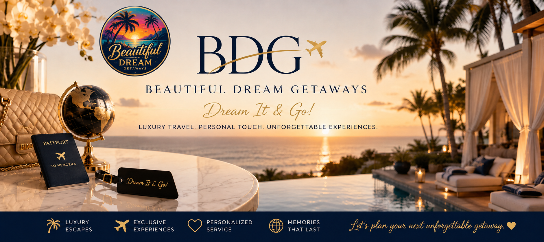 Beautiful Dream Getaways luxury travel cover featuring the original BDG branding, tropical resort and travel accessories