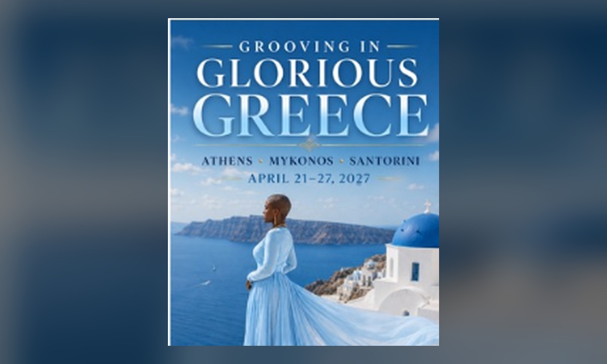 Grooving in Glorious Greece trip artwork featuring a Black woman overlooking Santorini