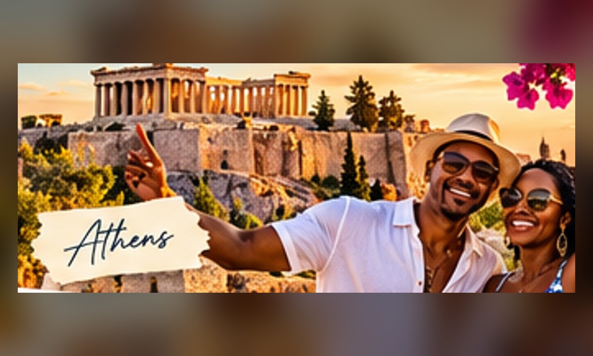 Black man and woman smiling together while sightseeing in Greece