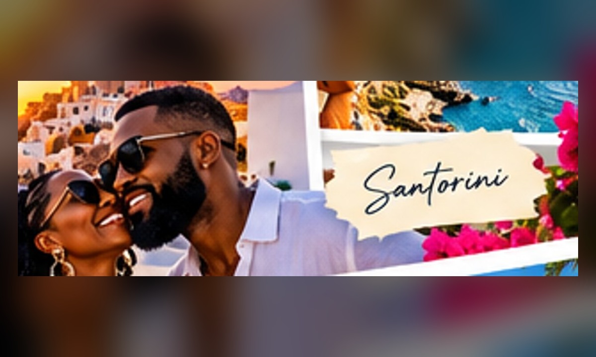 Black man and woman enjoying a sunny Greek island view