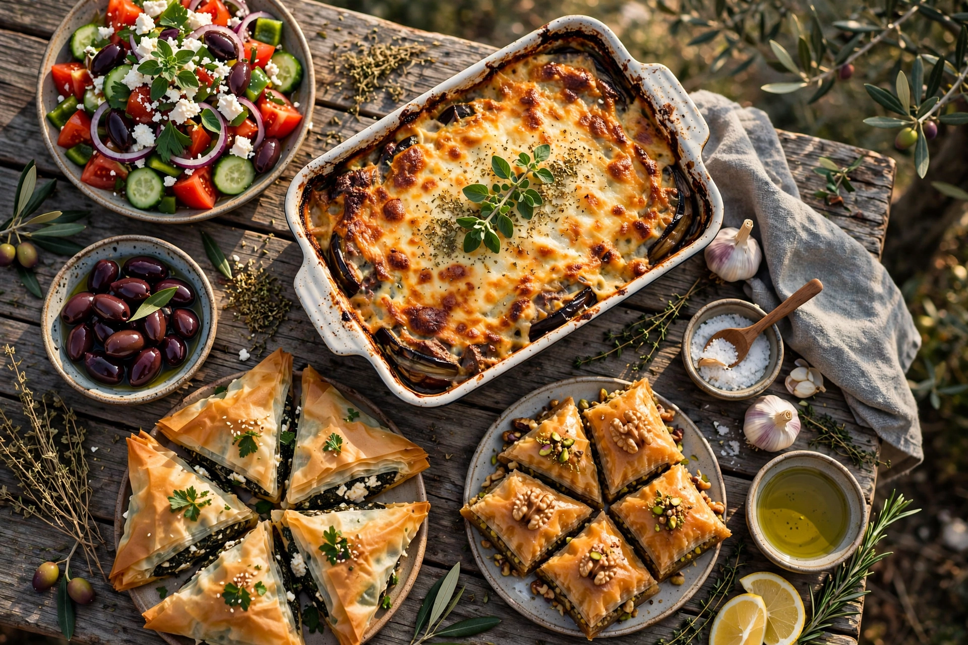 A selection of Greek dishes including salad, savory pastries and baked specialties
