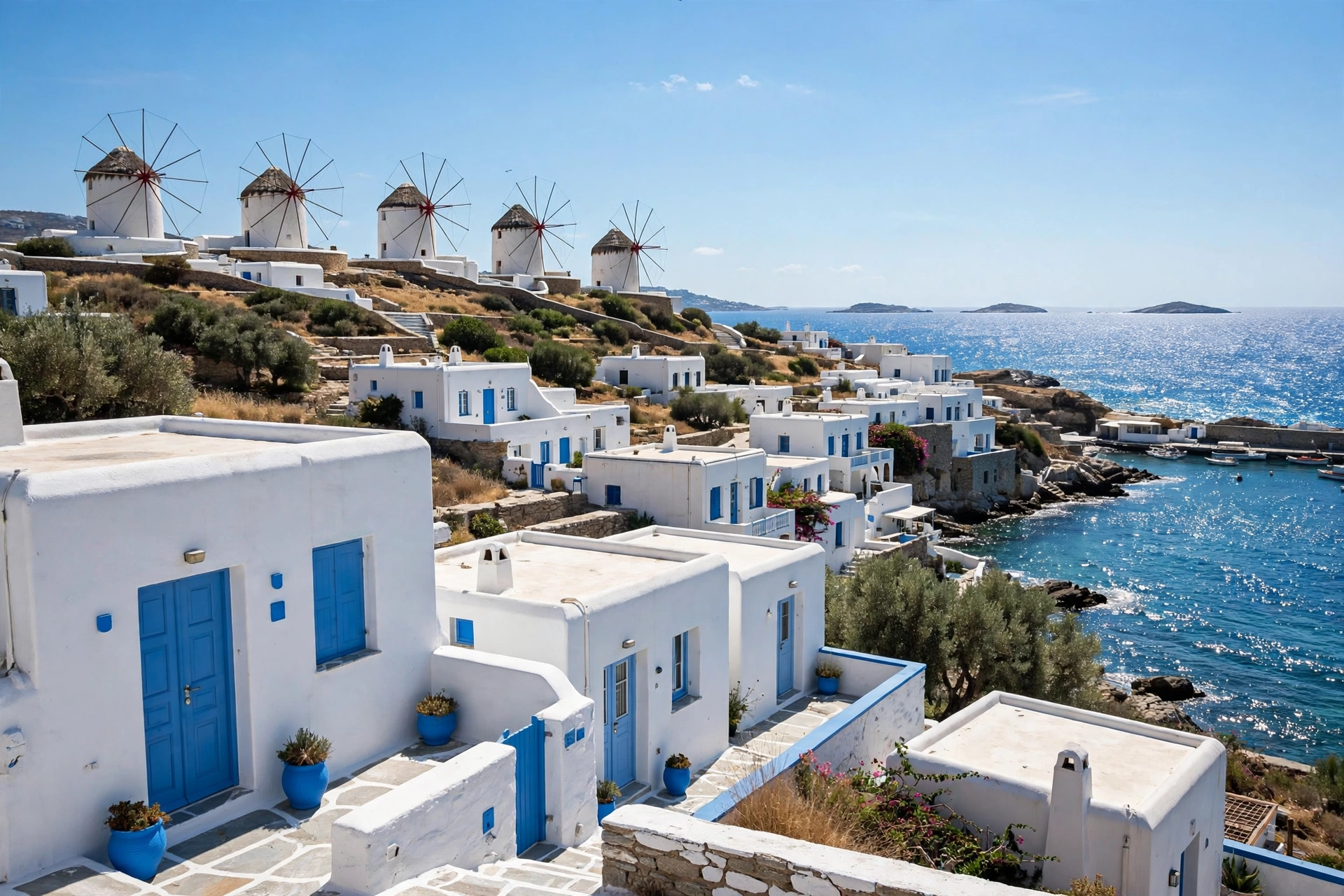 White buildings and windmills beside the sea in Mykonos