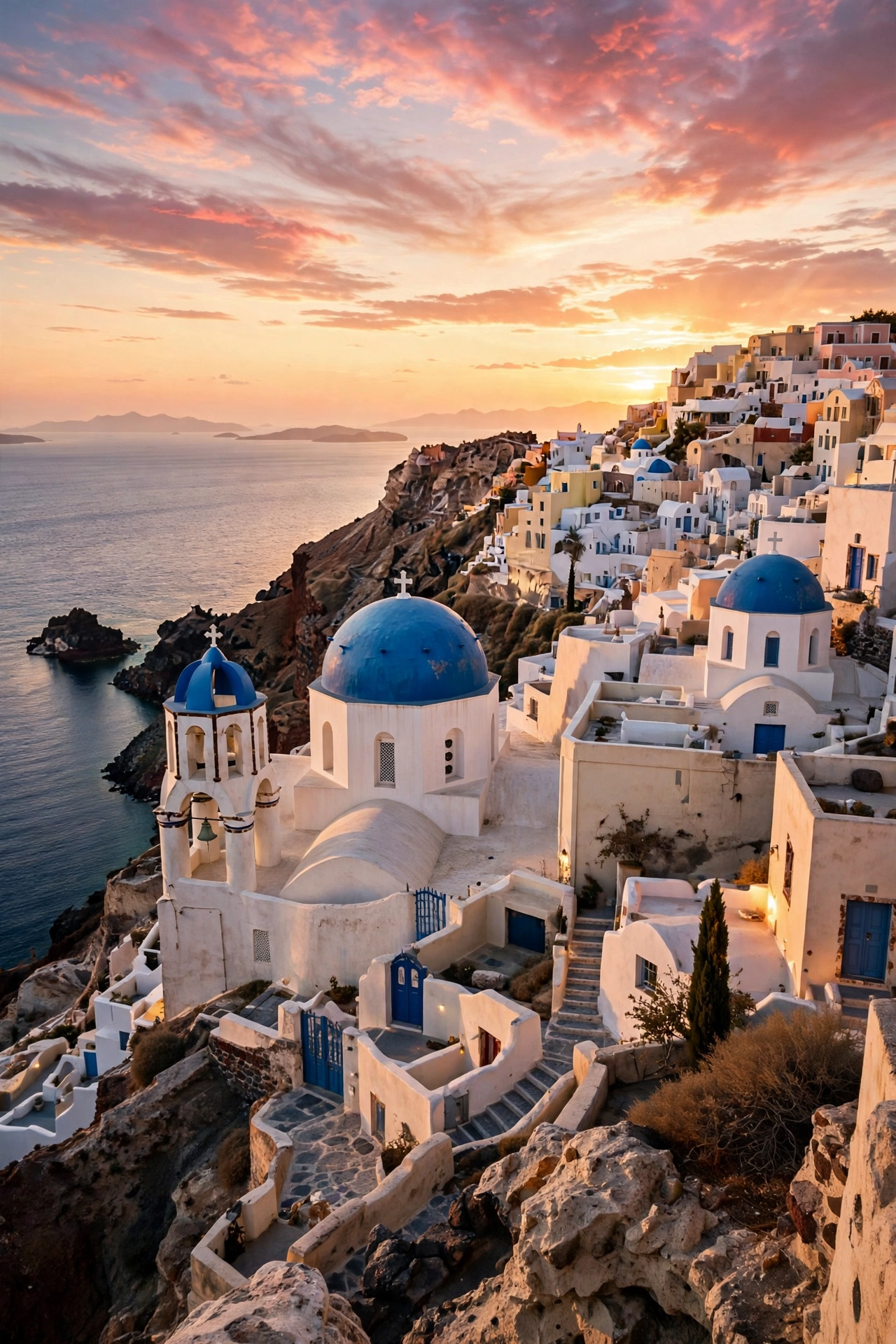 Santorini blue domes overlooking the sea at sunset